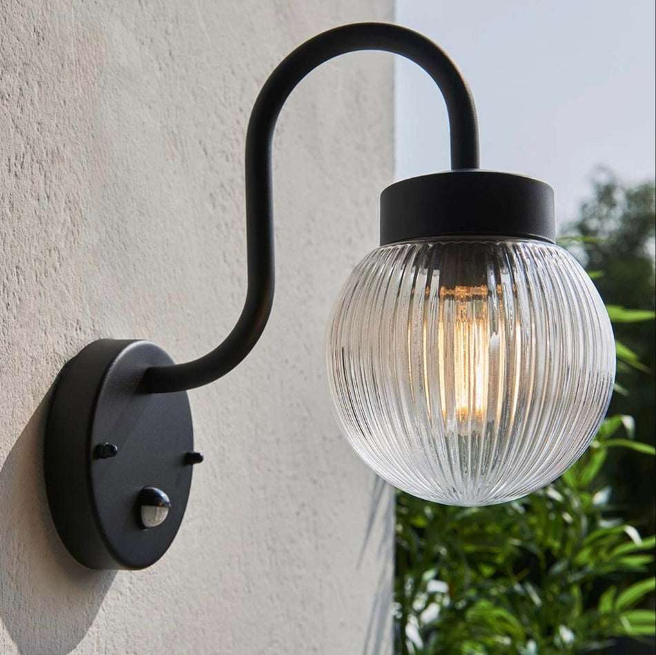 Eldon outdoor Wall PIR sensor light / exterior black and ribbed glass lamp