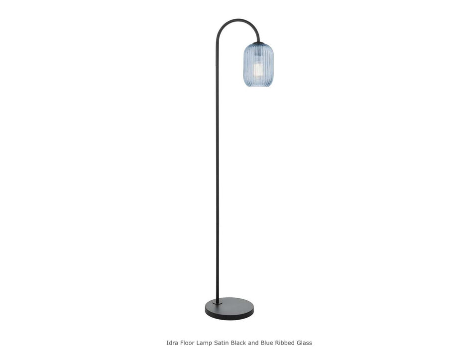 Idra Floor Lamp Satin Black and Blue Ribbed Glass