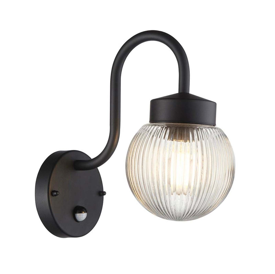 Eldon outdoor Wall PIR sensor light / exterior black and ribbed glass lamp