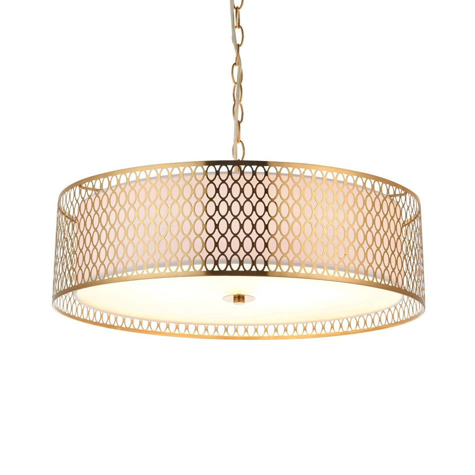 Cordero 3lt Pendant Gold effect plate, white fabric & frosted glass