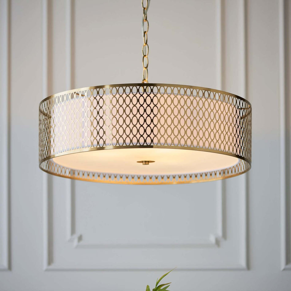 Cordero 3lt Pendant Gold effect plate, white fabric & frosted glass