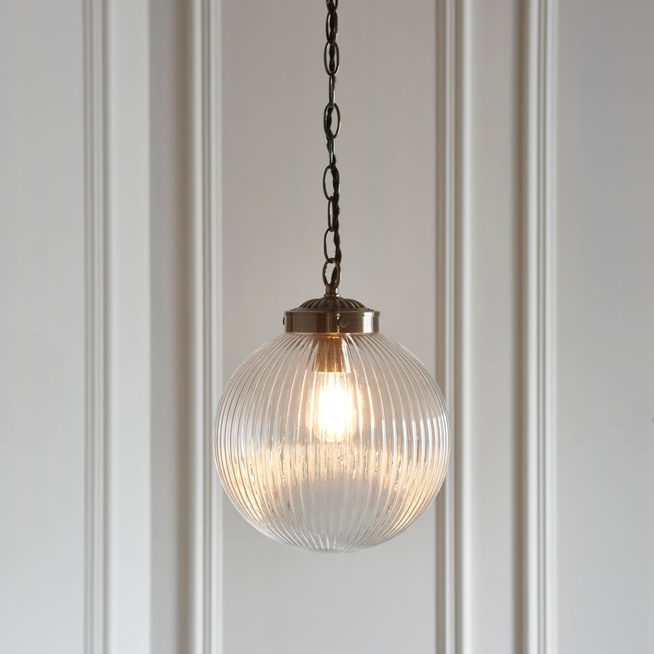 Brydon 1lt Pendant Antique brass plate & clear ribbed glass