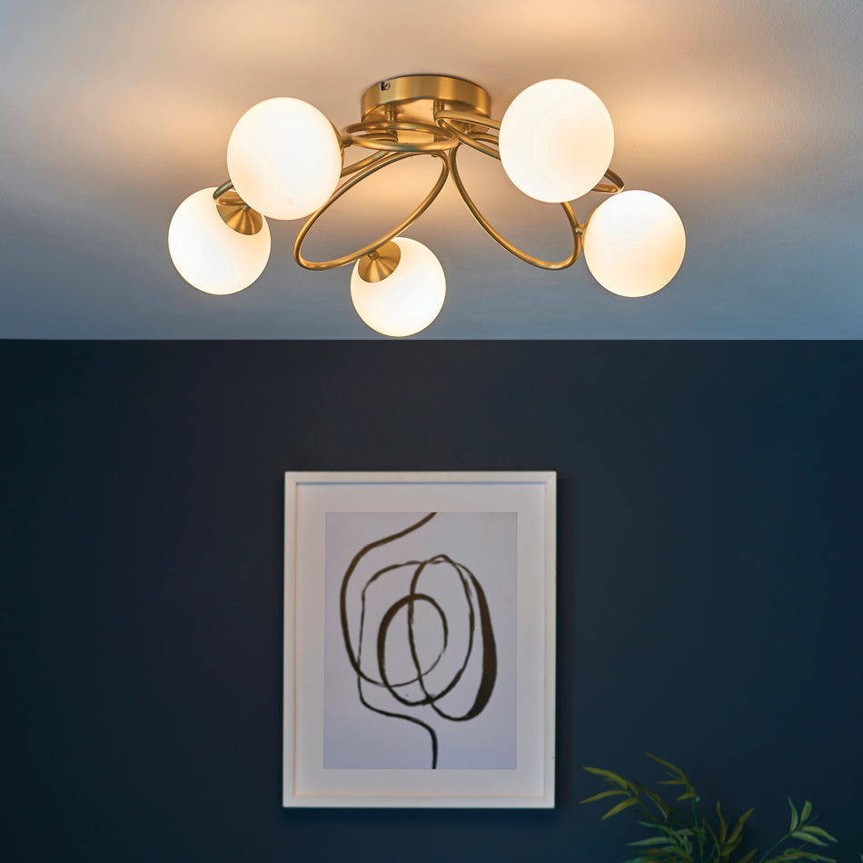 Ellipse 5lt Semi flush Satin brass plate & matt opal glass