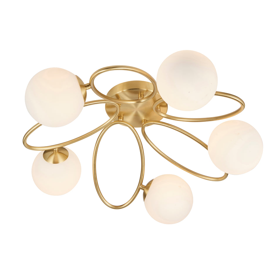 Ellipse 5lt Semi flush Satin brass plate & matt opal glass